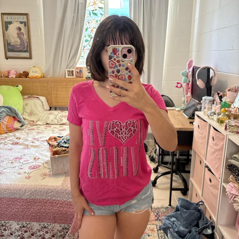 Vibrant Pink V-Neck Graphic Tee